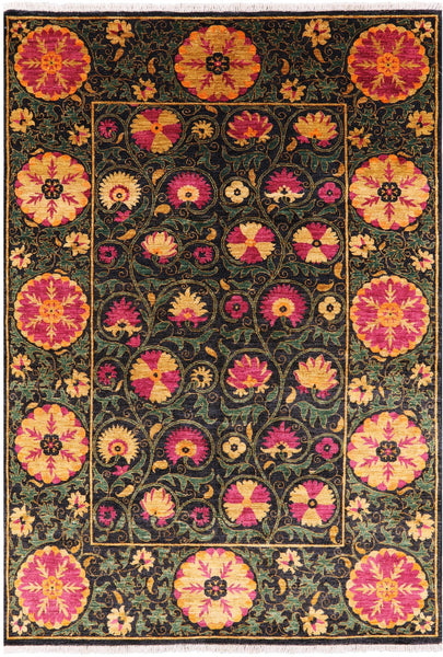 Black William Morris Handmade Wool Rug - 6' 2" X 8' 10" - Golden Nile