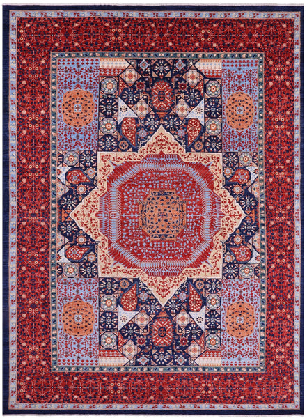 Blue Geometric Persian Mamluk Hand Knotted Wool Rug - 10' 1" X 13' 9" - Golden Nile