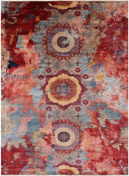 Abstract Modern Mamluk Hand Knotted Wool Rug - 9' 9" X 13' 1" - Golden Nile