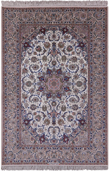 Ivory Isfahan Authentic Persian Hand Knotted Wool & Silk Area Rug - 5' 3" X 8' 0" - Golden Nile