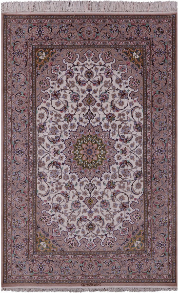 Ivory Isfahan Authentic Persian Hand Knotted Wool & Silk Area Rug - 5' 1" X 7' 8" - Golden Nile