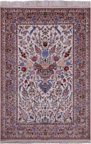 Ivory Isfahan Authentic Persian Hand Knotted Wool & Silk Area Rug - 5' 3" X 7' 9" - Golden Nile