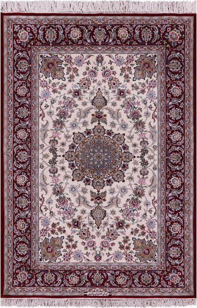 Ivory Isfahan Authentic Persian Hand Knotted Wool & Silk Area Rug - 4' 3" X 6' 7" - Golden Nile