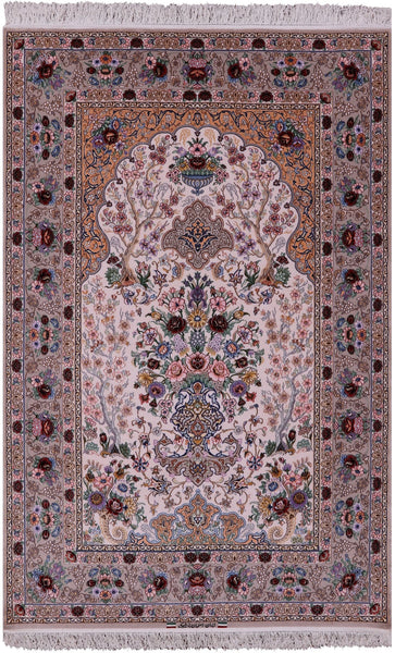 Ivory Isfahan Authentic Persian Hand Knotted Wool & Silk Area Rug - 5' 2" X 7' 11" - Golden Nile