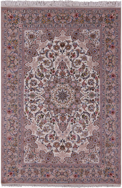 Ivory Isfahan Authentic Persian Hand Knotted Wool & Silk Area Rug - 5' 1" X 7' 9" - Golden Nile