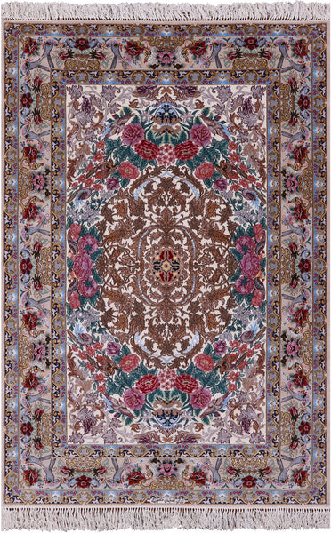 Ivory Isfahan Authentic Persian Hand Knotted Wool & Silk Area Rug - 5' 1" X 7' 4" - Golden Nile