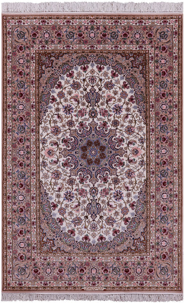 Ivory Isfahan Authentic Persian Hand Knotted Wool & Silk Area Rug - 5' 2" X 7' 9" - Golden Nile