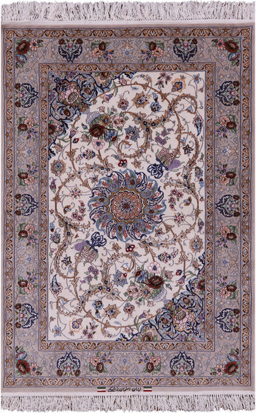 Ivory Persian Signed Authentic Isfahan Wool & Silk Rug - 3' 8" X 5' 4" - Golden Nile