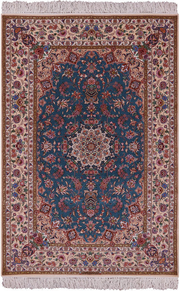Signed Isfahan Authentic Persian Hand Knotted Wool & Silk Area Rug - 4' 11" X 7' 5" - Golden Nile