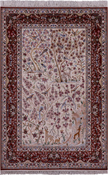 Ivory Signed Isfahan Authentic Persian Pictorial Hand Knotted Wool & Silk Area Rug - 5' 1" X 7' 10" - Golden Nile