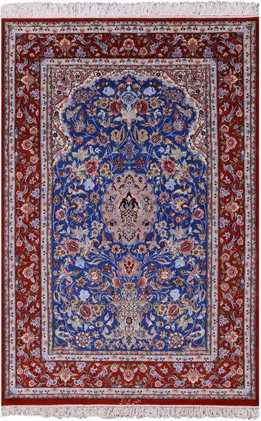 Blue Signed Isfahan Authentic Persian Hand Knotted Wool & Silk Area Rug - 5' 1" X 7' 7" - Golden Nile