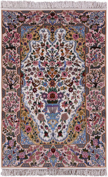 Ivory Signed Isfahan Authentic Persian Hand Knotted Wool & Silk Area Rug - 3' 9" X 5' 7" - Golden Nile