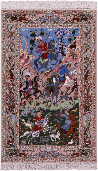 Signed Isfahan Authentic Persian Hunting Scene Hand Knotted Wool & Silk Area Rug - 4' 2" X 6' 8" - Golden Nile