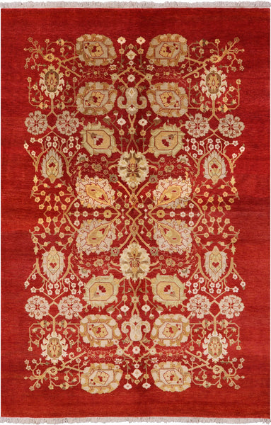 Red Peshawar Hand Knotted Wool Area Rug - 5' 10" X 8' 10" - Golden Nile