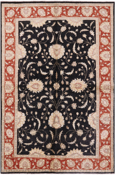 Black Chobi Peshawar Wool Area Rug - 6' 3" X 9' 3" - Golden Nile