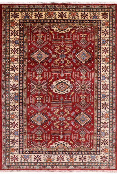 Red Super Kazak Hand Knotted Wool Area Rug - 5' 8" X 8' 2" - Golden Nile