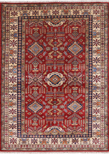 Red Super Kazak Hand Knotted Wool Area Rug - 5' 7" X 7' 8" - Golden Nile
