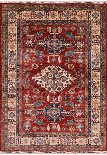 Red Super Kazak Hand Knotted Wool Area Rug - 4' 10" X 6' 8" - Golden Nile