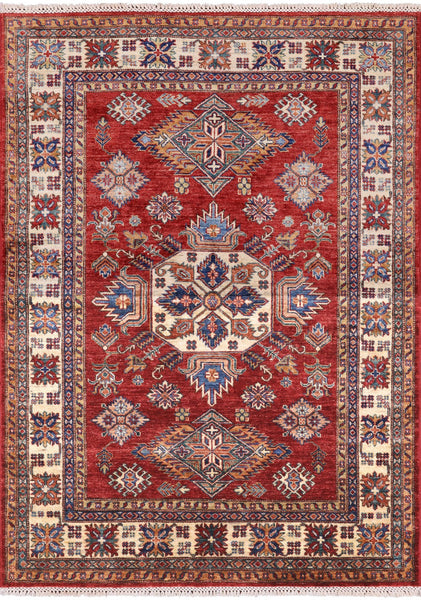 Red Super Kazak Hand Knotted Wool Area Rug - 4' 10" X 6' 8" - Golden Nile