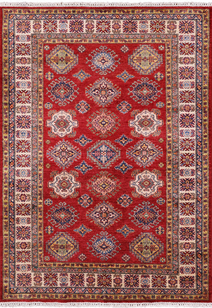 Red Super Kazak Hand Knotted Wool Rug - 4' 11" X 6' 10" - Golden Nile