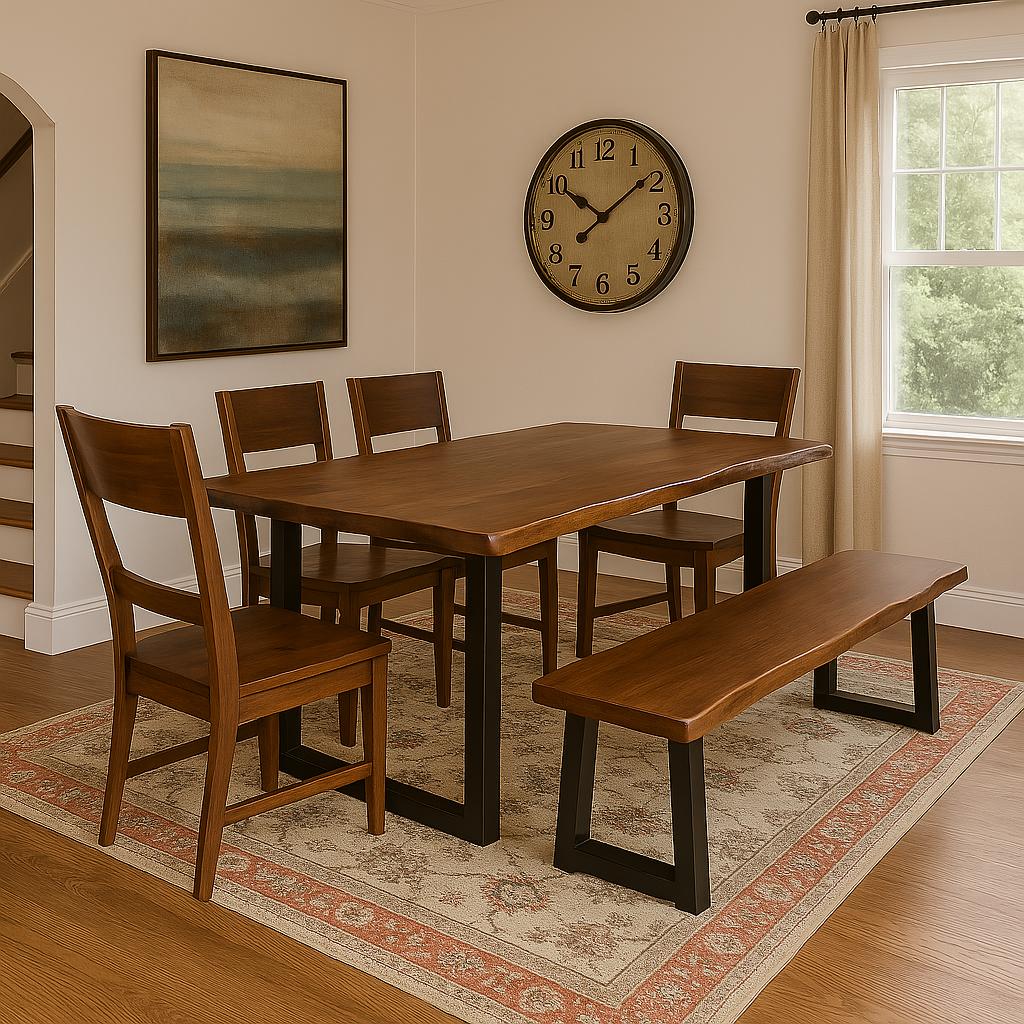 Solid Wood 6 Piece Dining Set With Metal Legs - Table, Bench and Four Chairs - Golden Nile