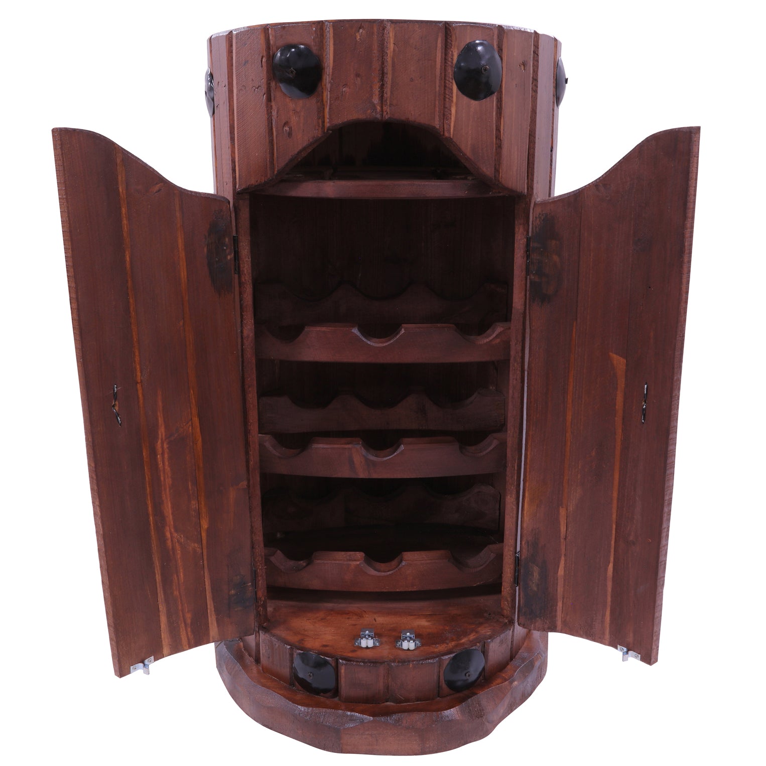 Reclaimed Wood Handcrafted Barrel Bar with 9 Bottle Wine Hutch Mini Bar - Golden Nile