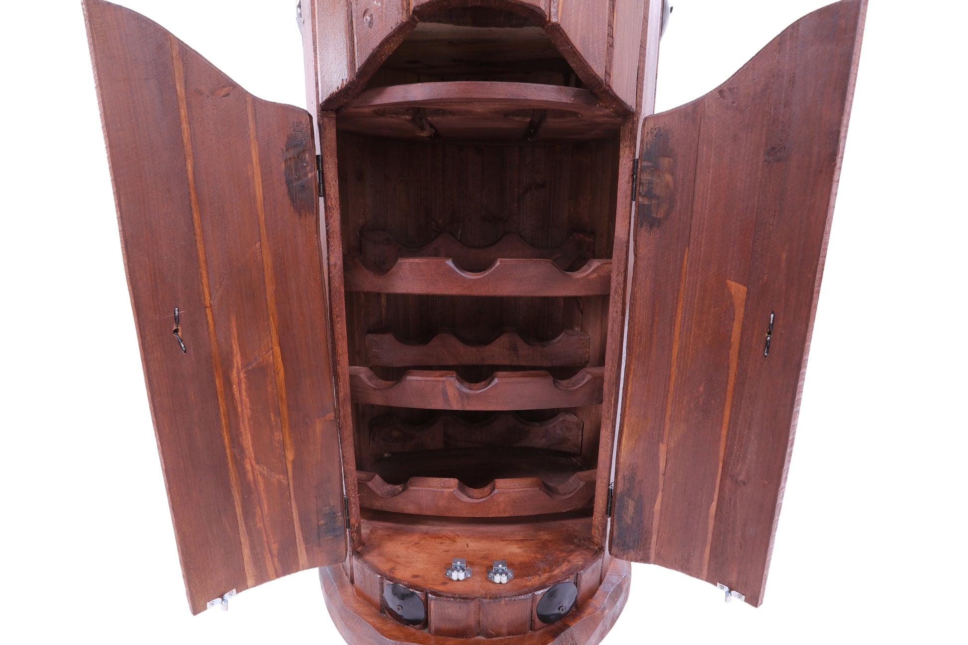 Reclaimed Wood Handcrafted Barrel Bar with 9 Bottle Wine Hutch Mini Bar - Golden Nile