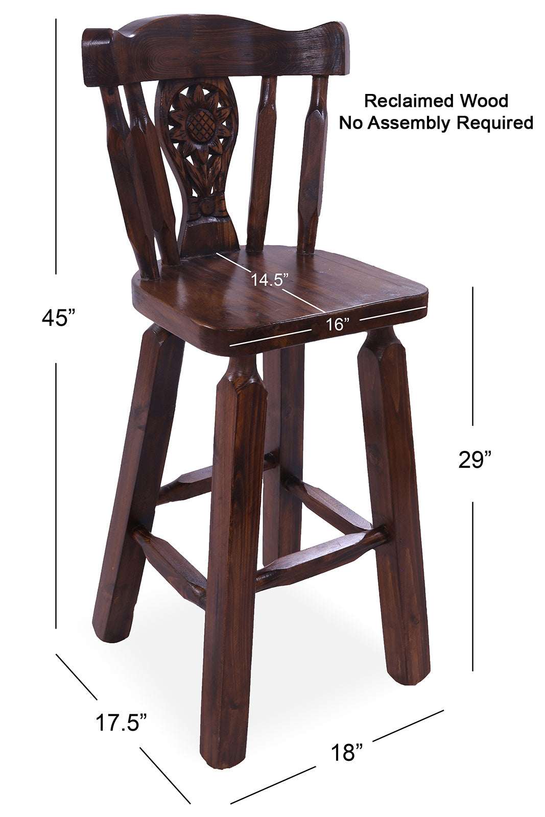 Reclaimed Wood Bar & Counter Stool - Handcarved Back Sunflower - Golden Nile