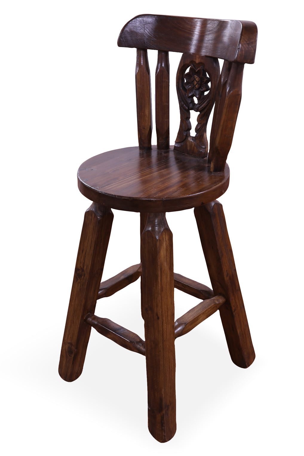 Reclaimed Wood Bar & Counter Stool - Handcarved Back Sunflower - Golden Nile