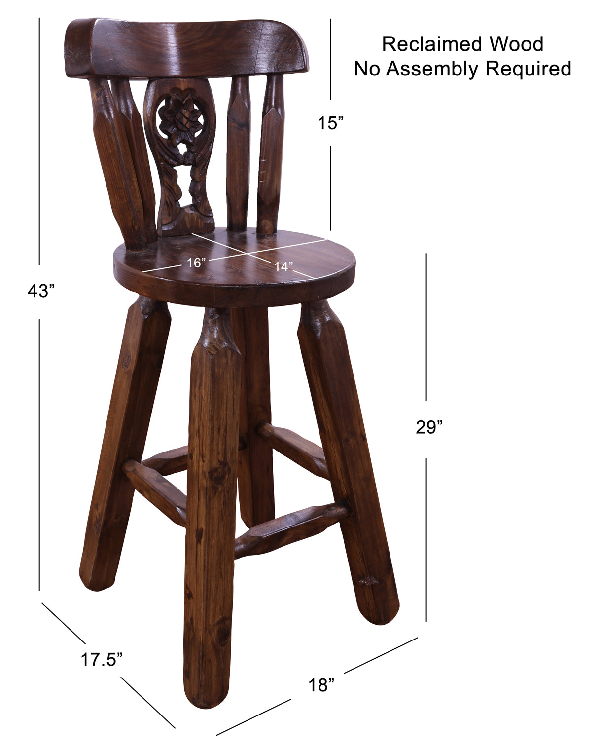 Reclaimed Wood Bar & Counter Stool - Handcarved Back Sunflower - Golden Nile