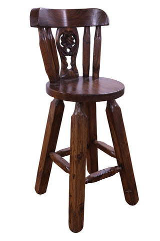 Reclaimed Wood Bar & Counter Stool - Handcarved Back Sunflower