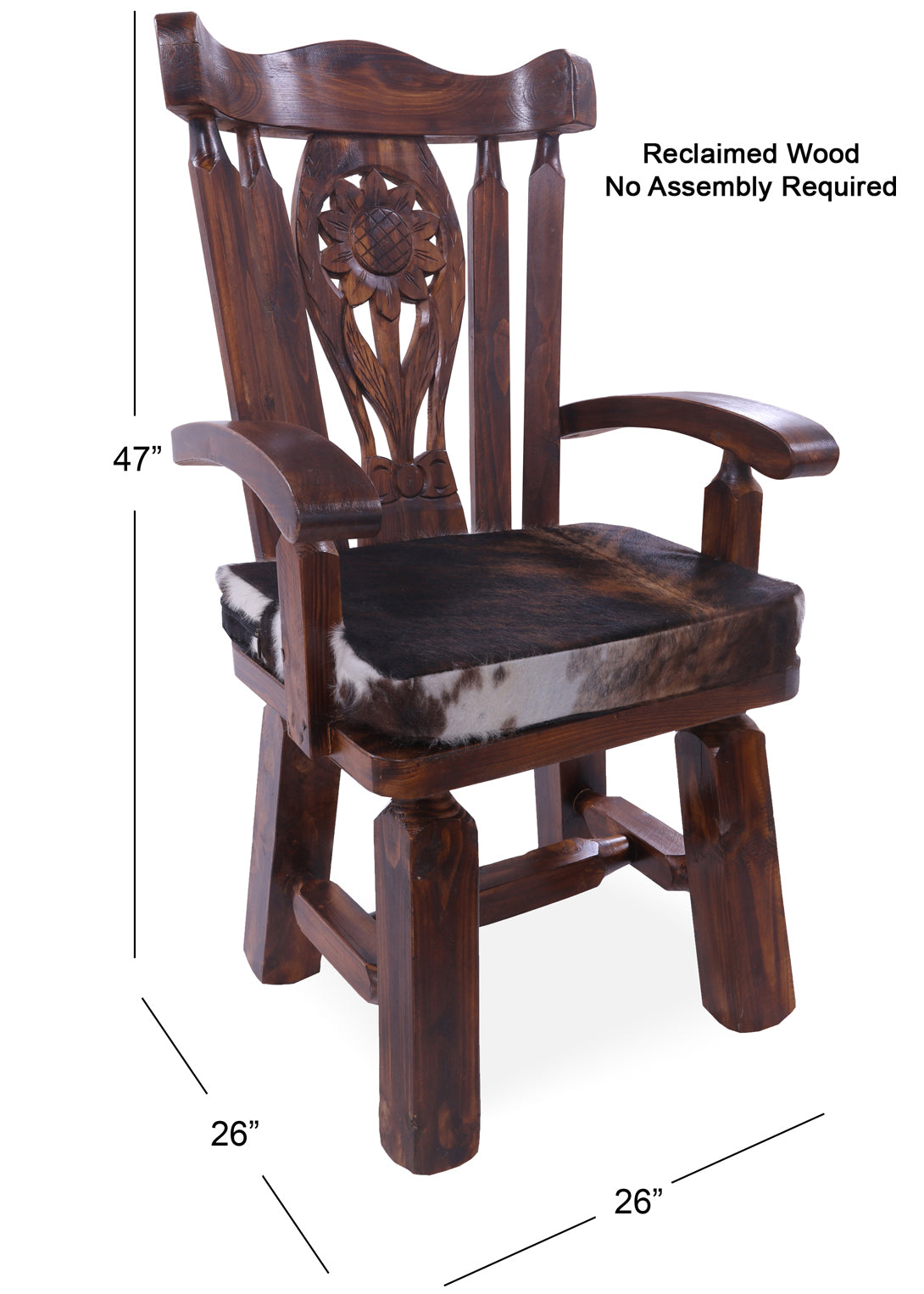 Reclaimed Wood Chair Handcarved Back Sunflower Removable Hair-On Cowhide Pillow - Golden Nile