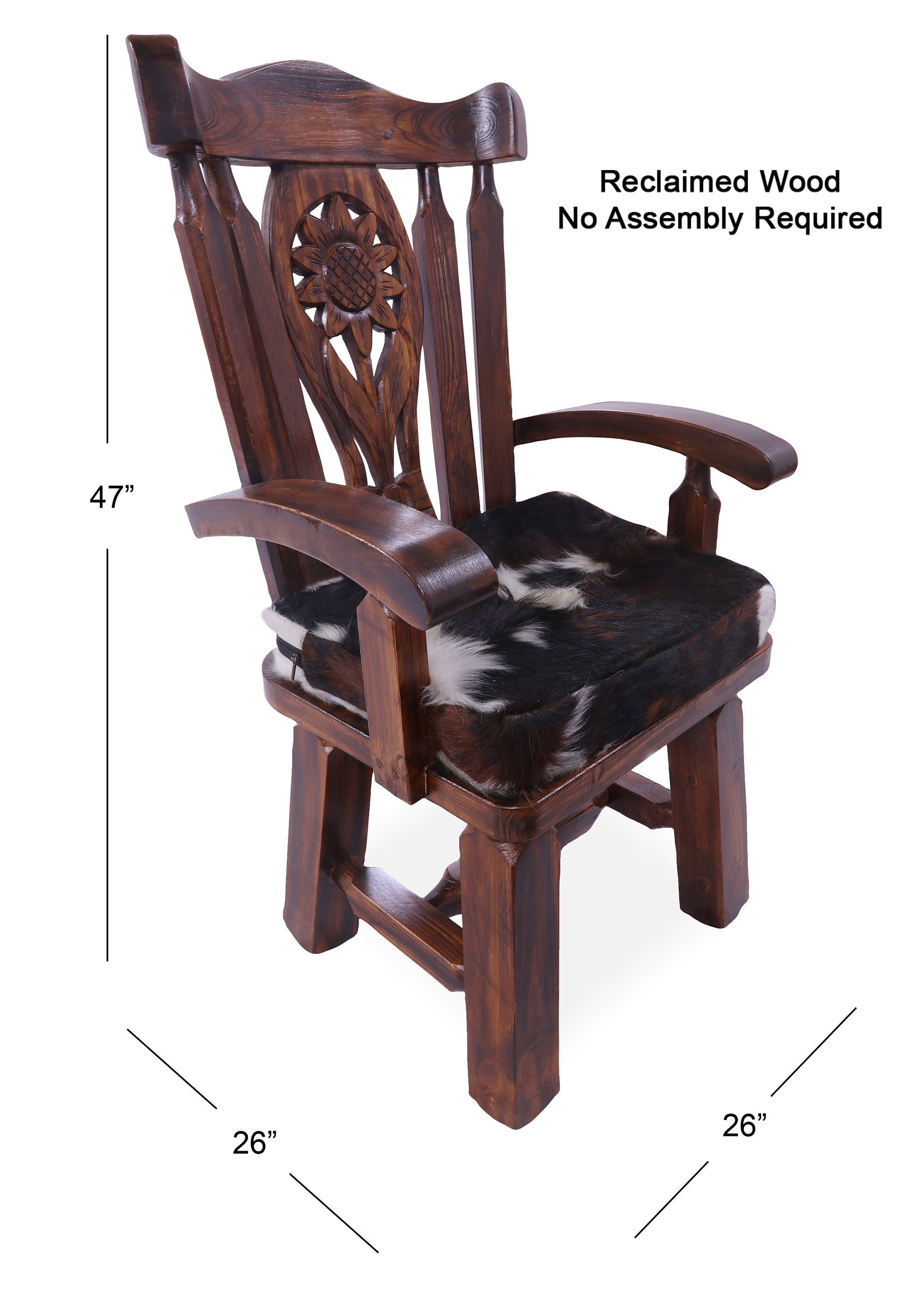 Reclaimed Wood Chair Handcarved Back Sunflower Removable Hair-On Cowhide Pillow - Golden Nile