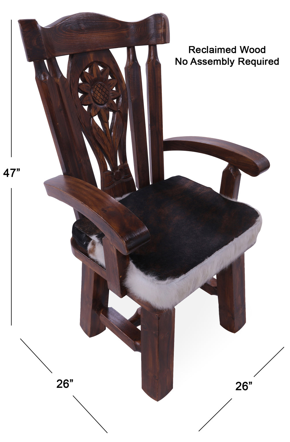 Reclaimed Wood Chair Handcarved Back Sunflower Removable Hair-On Cowhide Pillow - Golden Nile