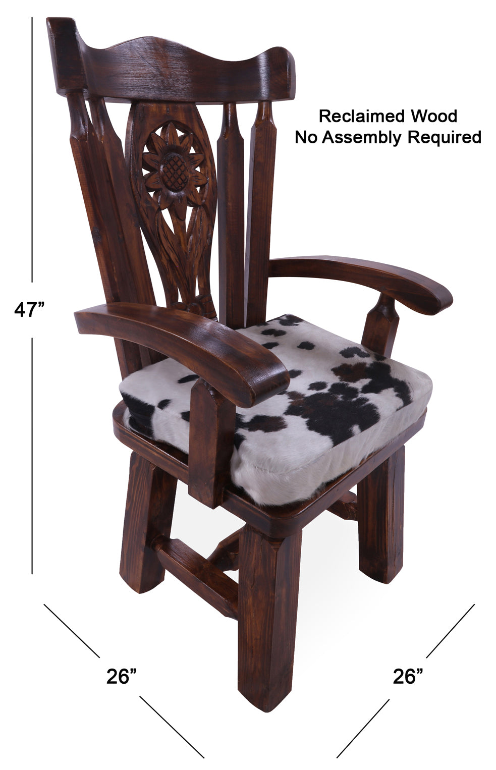 Reclaimed Wood Chair Handcarved Back Sunflower Removable Hair-On Cowhide Pillow - Golden Nile