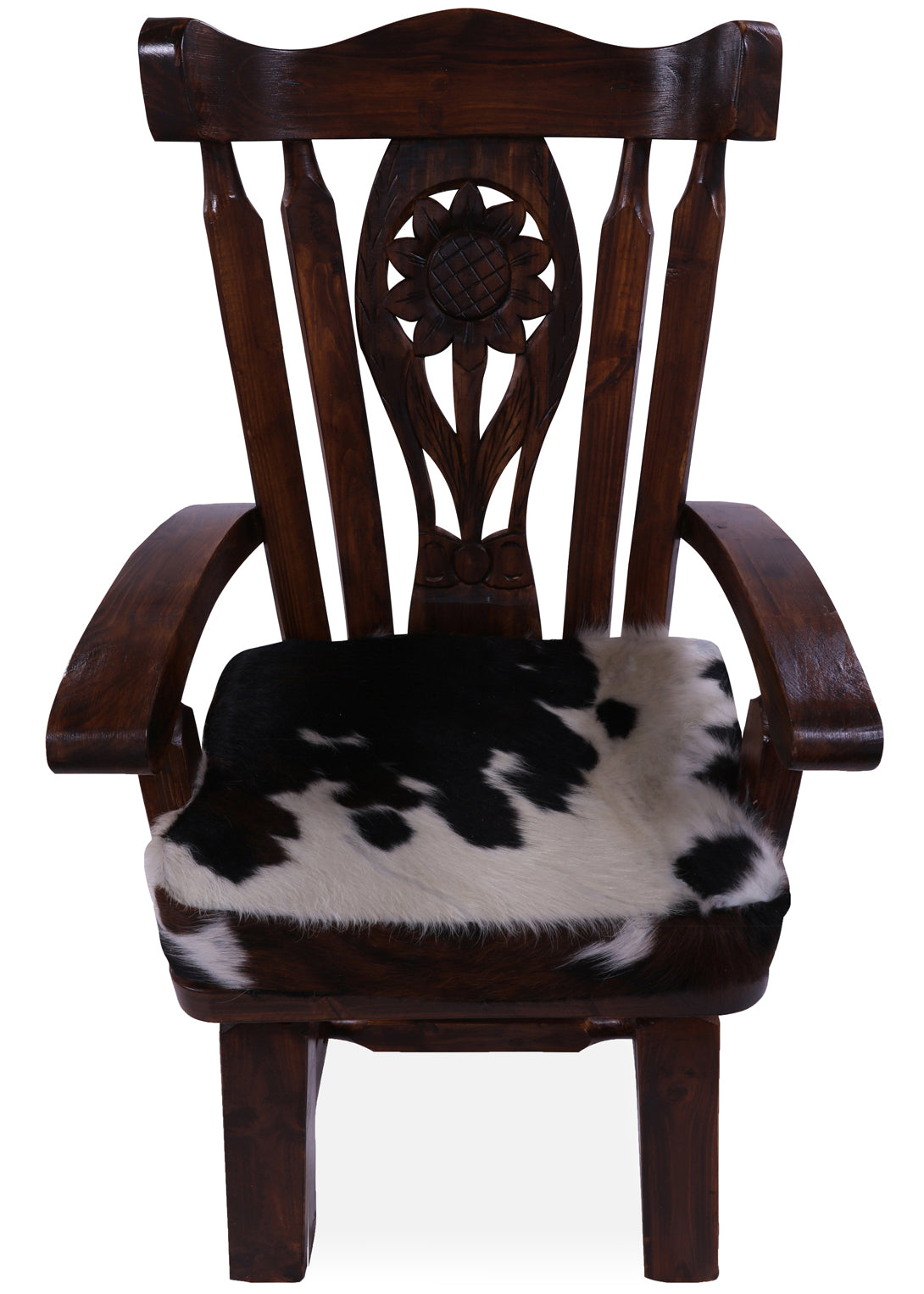 Reclaimed Wood Chair Handcarved Back Sunflower Removable Hair-On Cowhide Pillow - Golden Nile