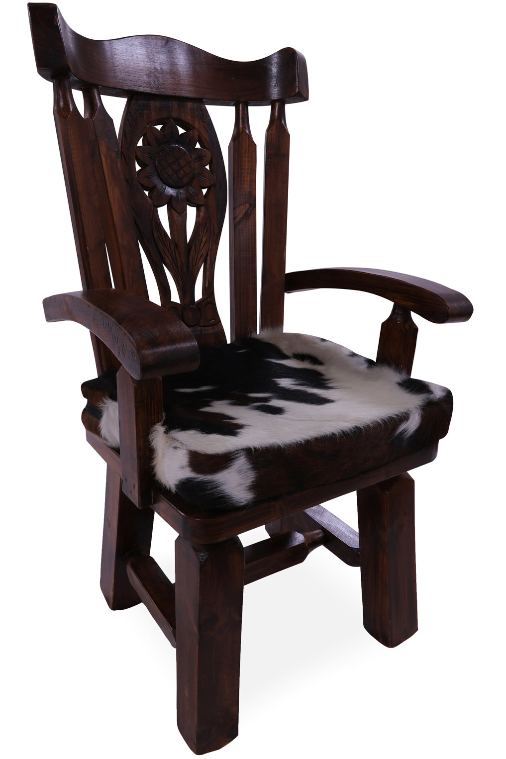 Reclaimed Wood Chair Handcarved Back Sunflower Removable Hair-On Cowhide Pillow - Golden Nile