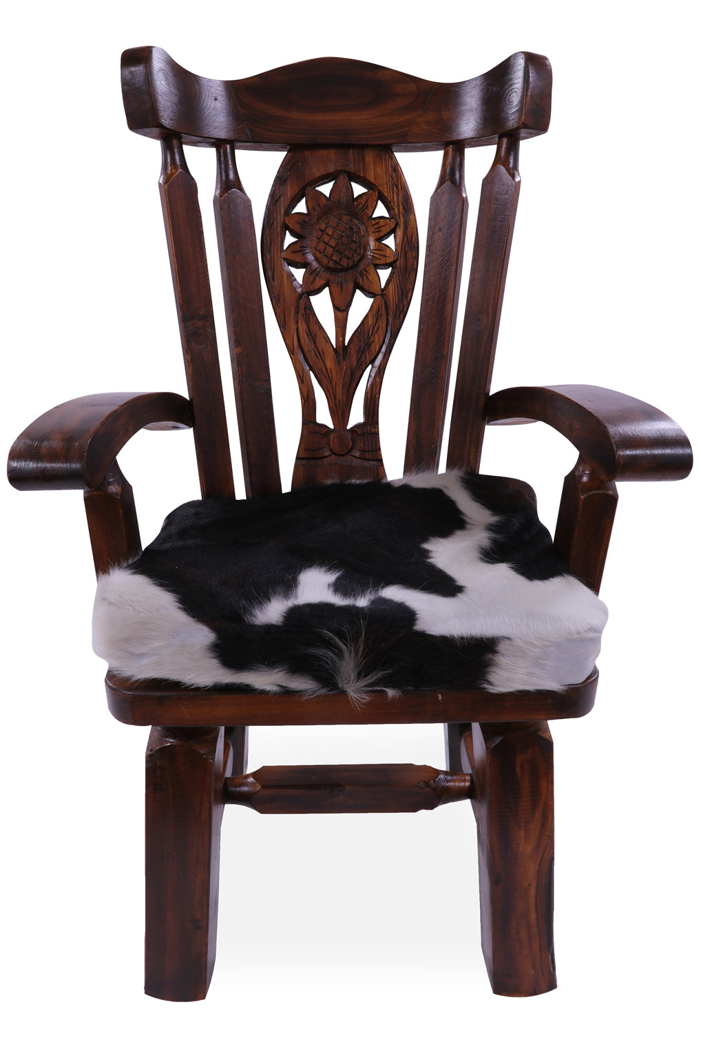 Reclaimed Wood Chair Handcarved Back Sunflower Removable Hair-On Cowhide Pillow - Golden Nile