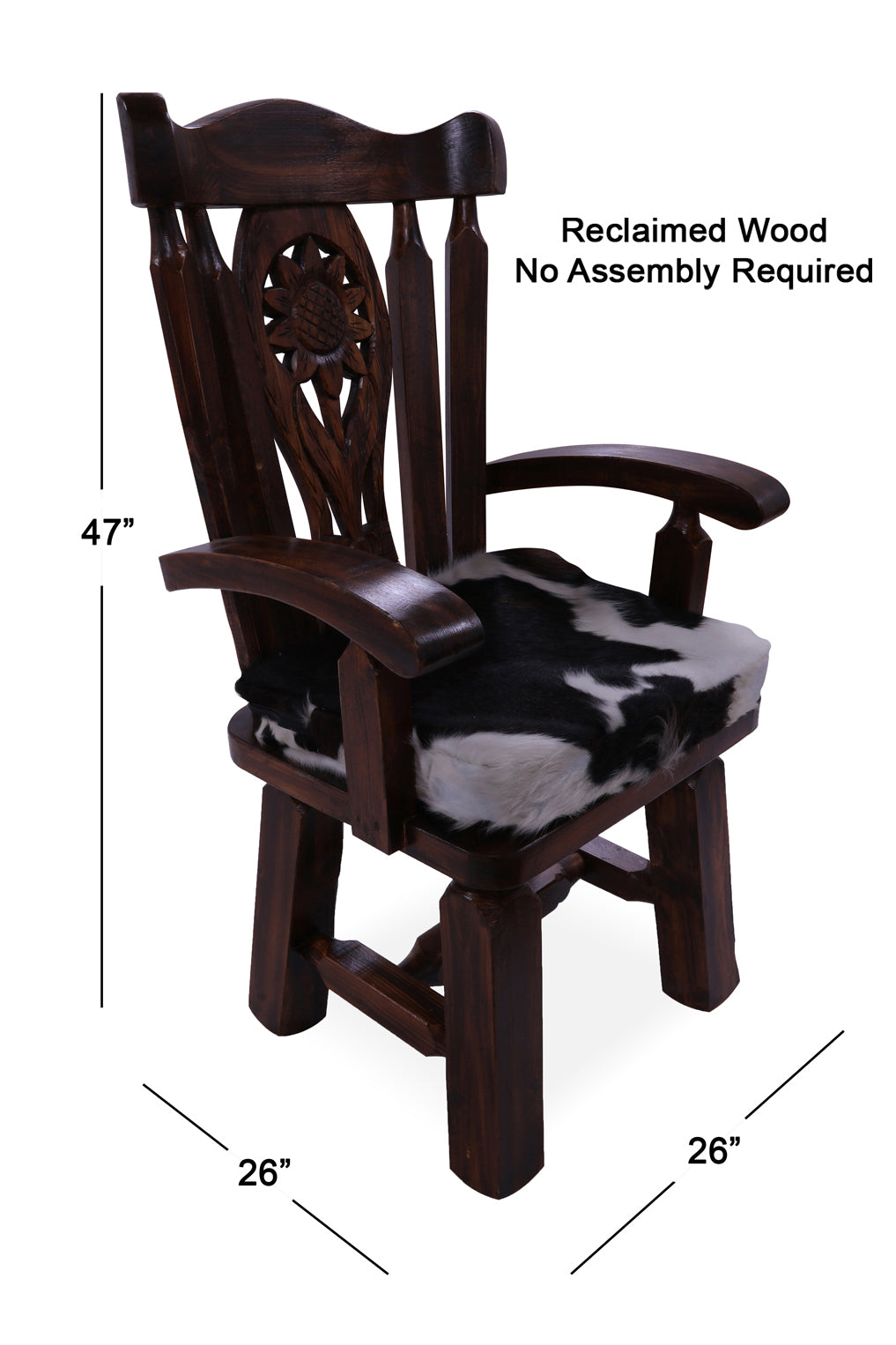 Reclaimed Wood Chair Handcarved Back Sunflower Removable Hair-On Cowhide Pillow - Golden Nile