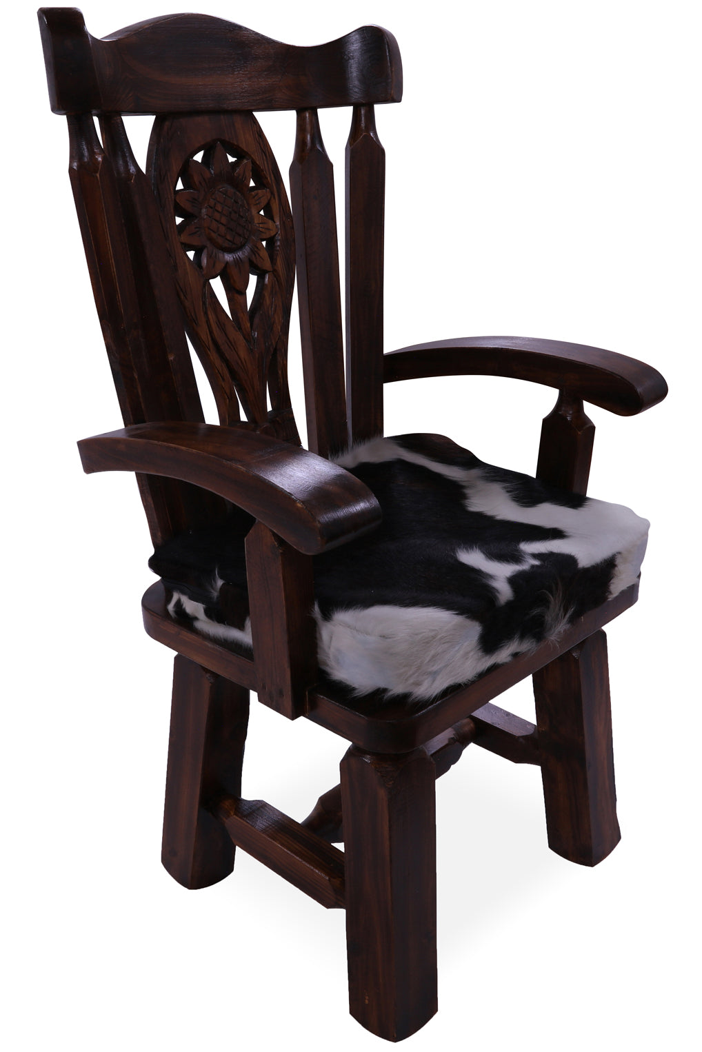 Reclaimed Wood Chair Handcarved Back Sunflower Removable Hair-On Cowhide Pillow - Golden Nile