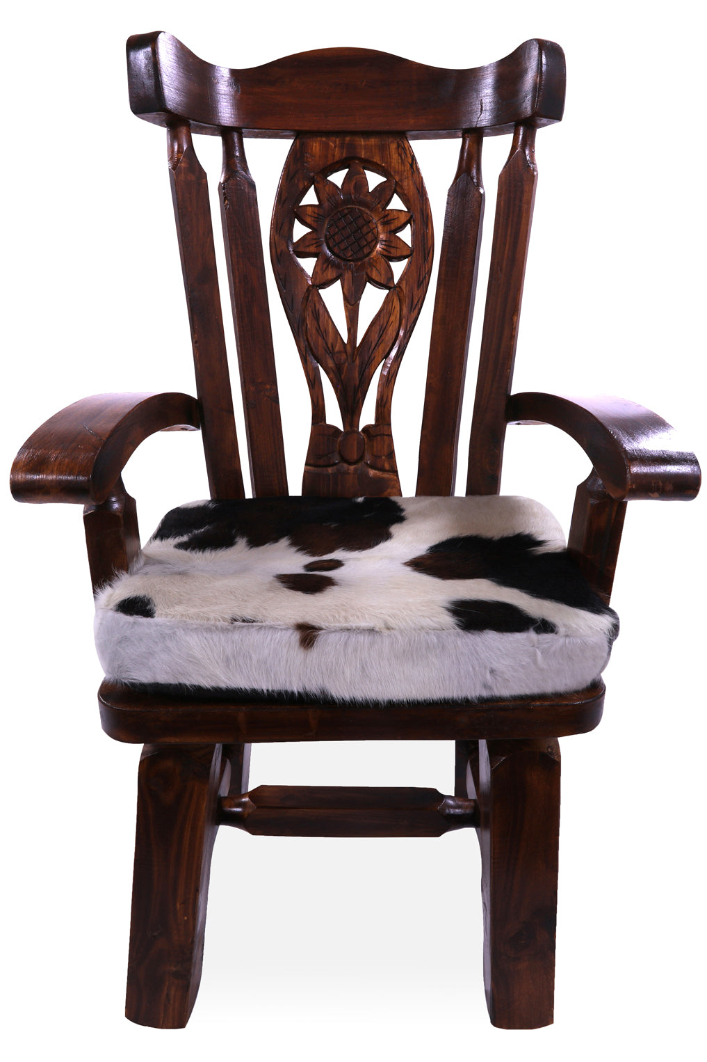 Reclaimed Wood Chair Handcarved Back Sunflower Removable Hair-On Cowhide Pillow - Golden Nile