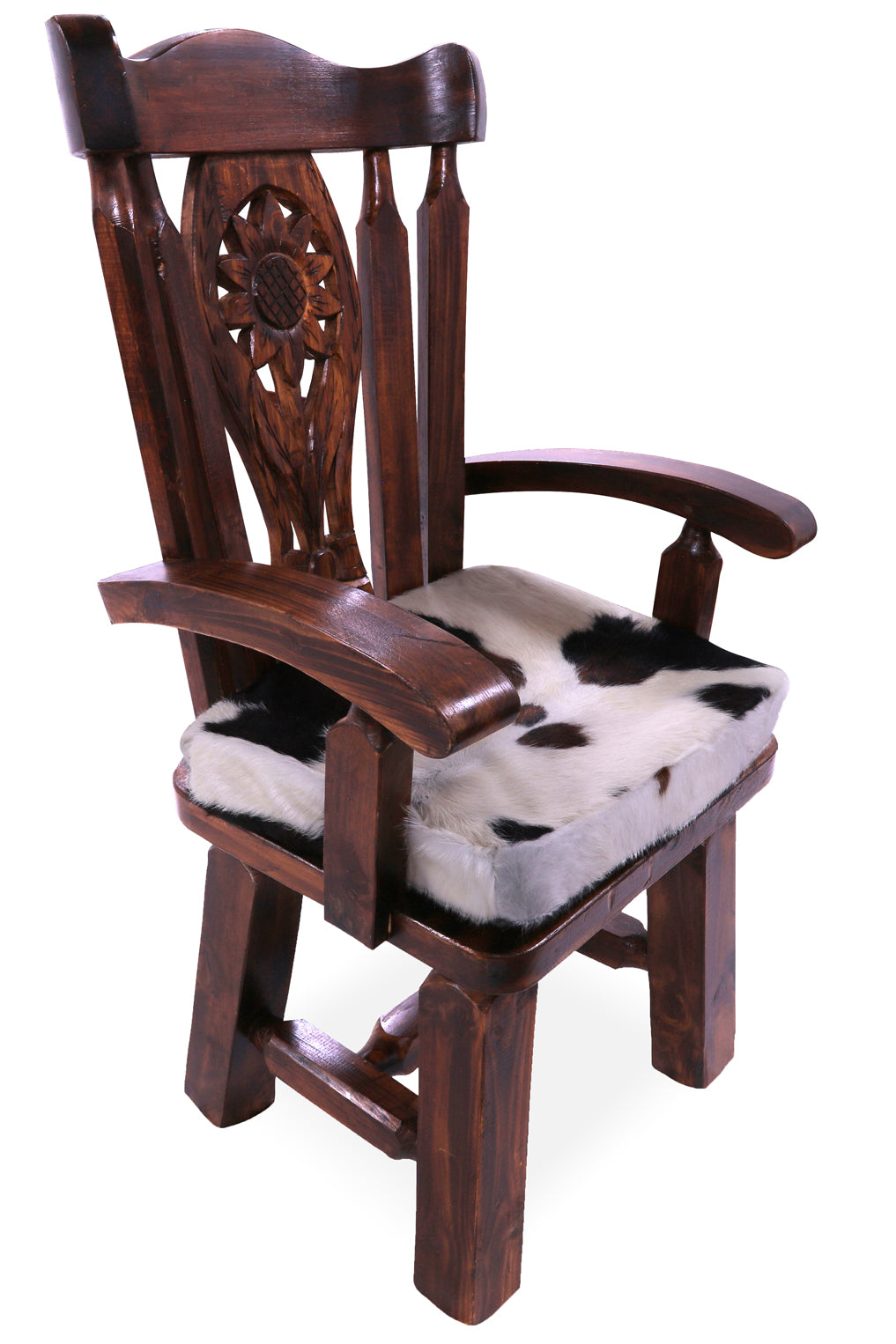Reclaimed Wood Chair Handcarved Back Sunflower Removable Hair-On Cowhide Pillow - Golden Nile