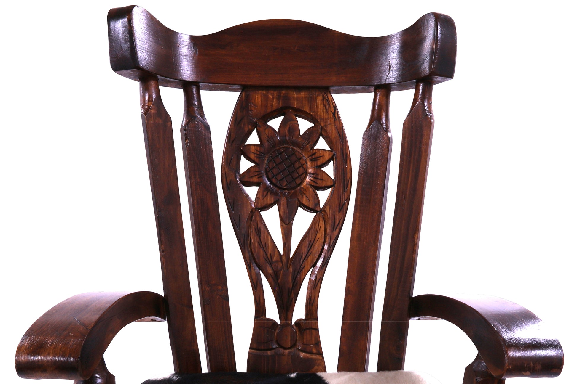 Reclaimed Wood Chair Handcarved Back Sunflower Removable Hair-On Cowhide Pillow - Golden Nile