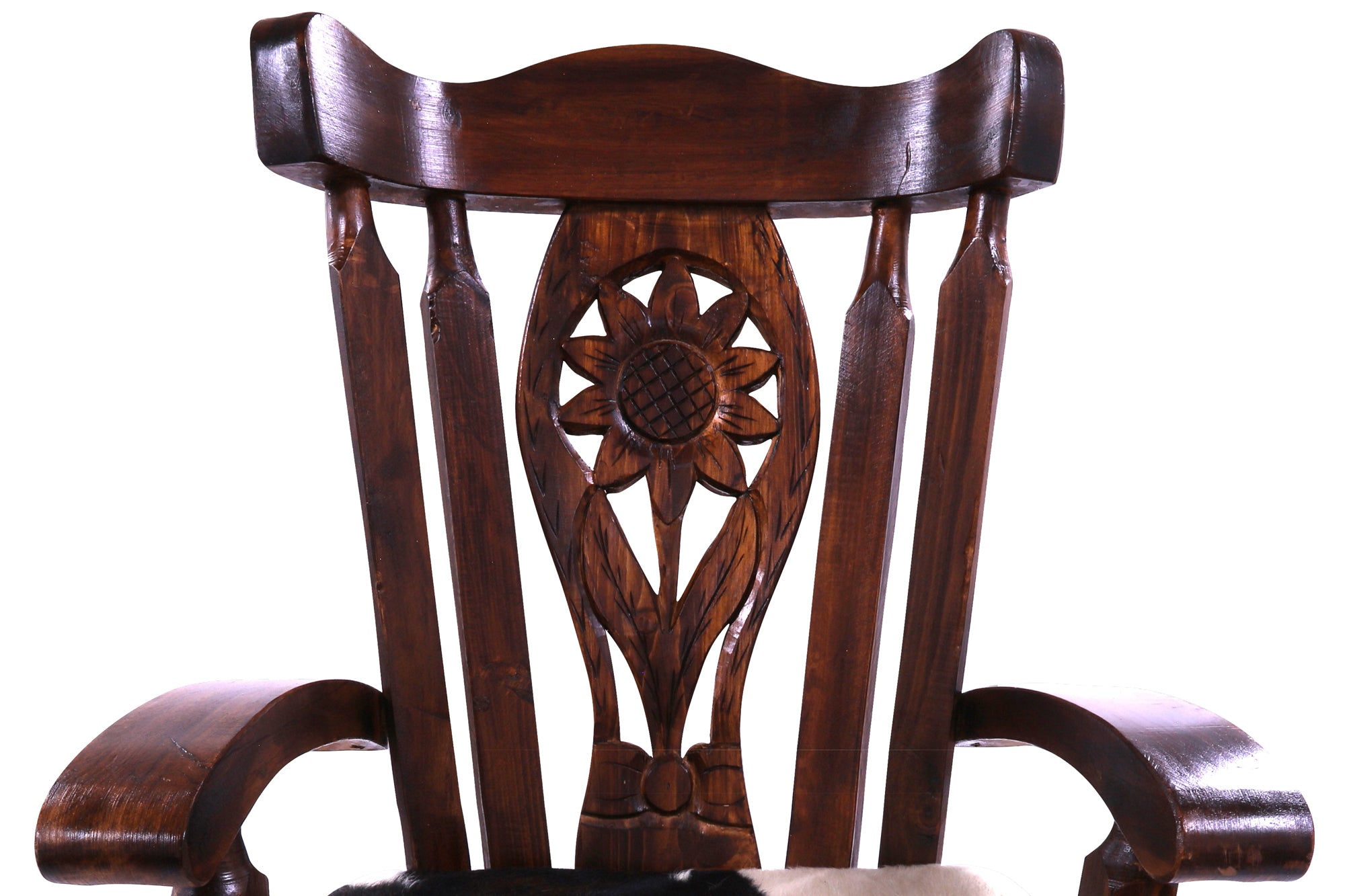 Reclaimed Wood Chair Handcarved Back Sunflower Removable Hair-On Cowhide Pillow - Golden Nile