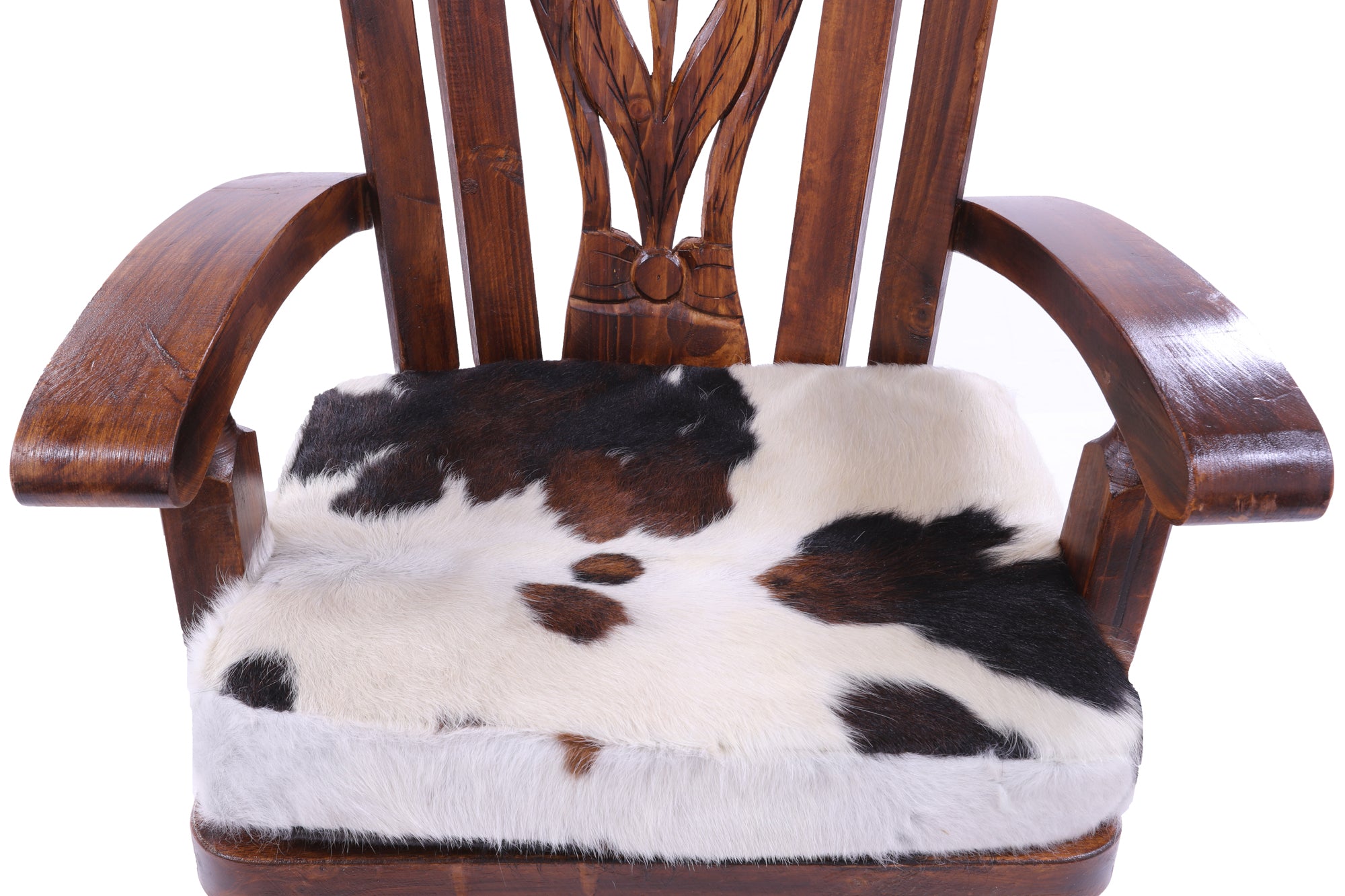 Reclaimed Wood Chair Handcarved Back Sunflower Removable Hair-On Cowhide Pillow - Golden Nile