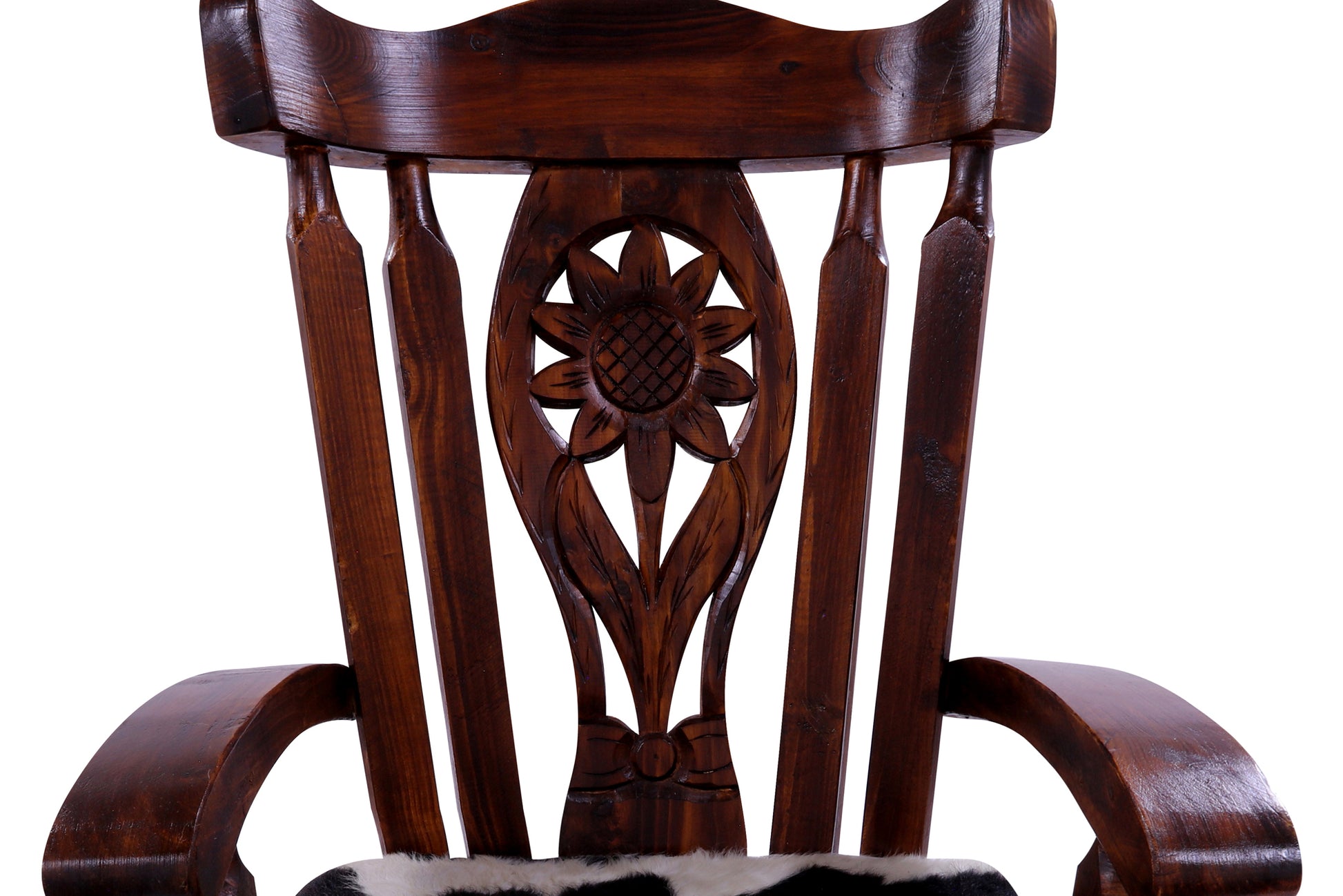 Reclaimed Wood Chair Handcarved Back Sunflower Removable Hair-On Cowhide Pillow - Golden Nile