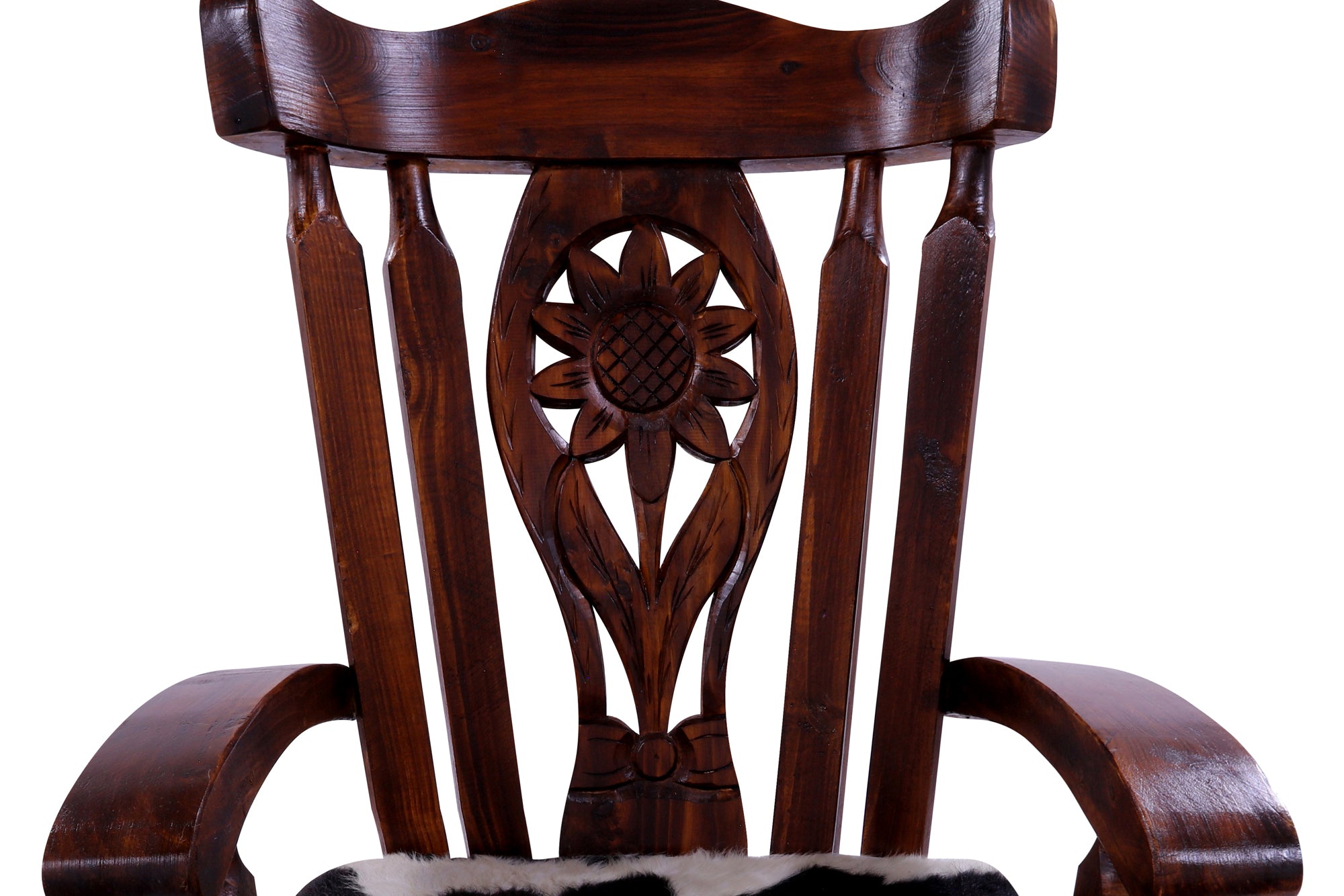 Reclaimed Wood Chair Handcarved Back Sunflower Removable Hair-On Cowhide Pillow - Golden Nile