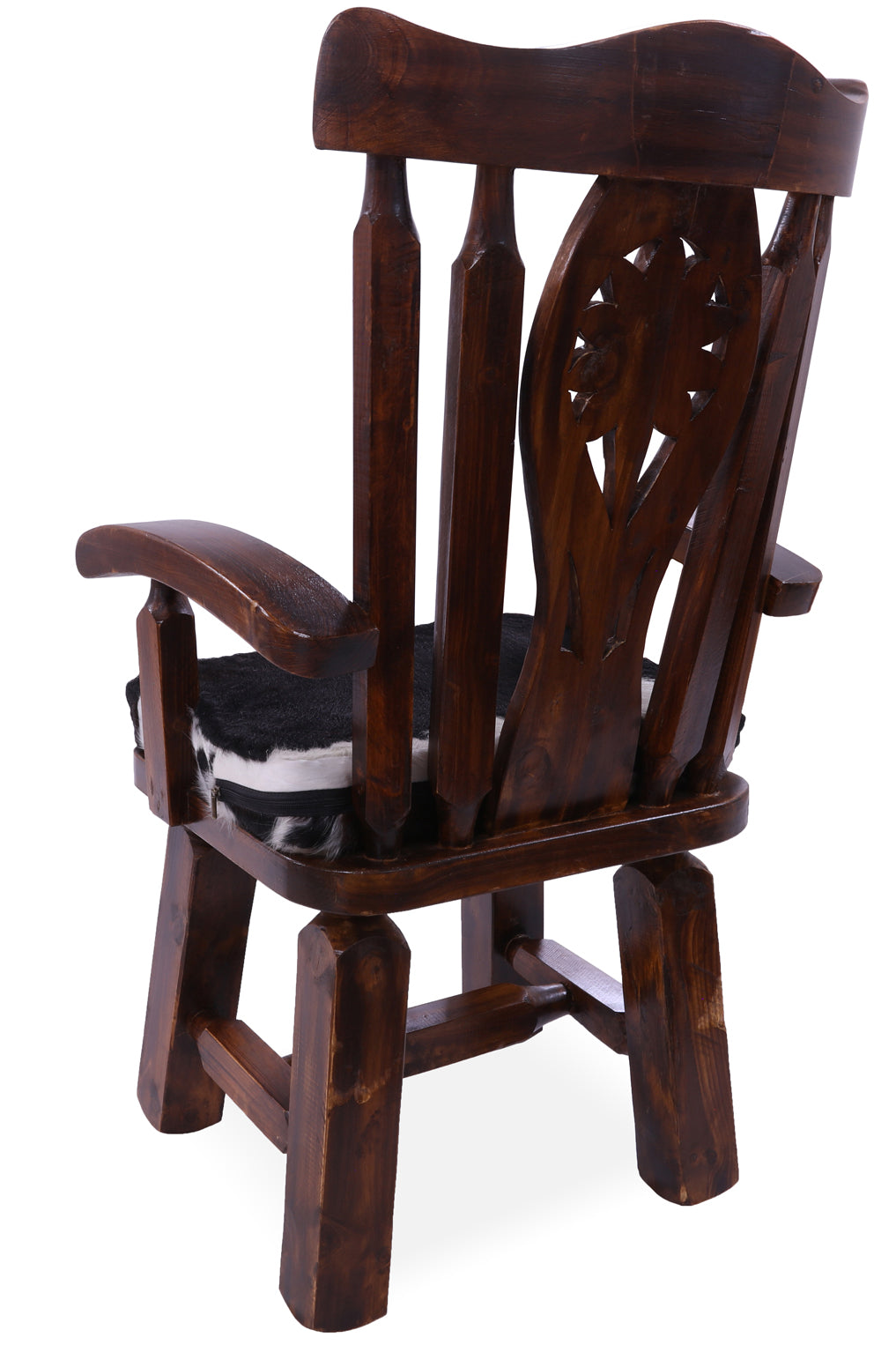 Reclaimed Wood Chair Handcarved Back Sunflower Removable Hair-On Cowhide Pillow - Golden Nile