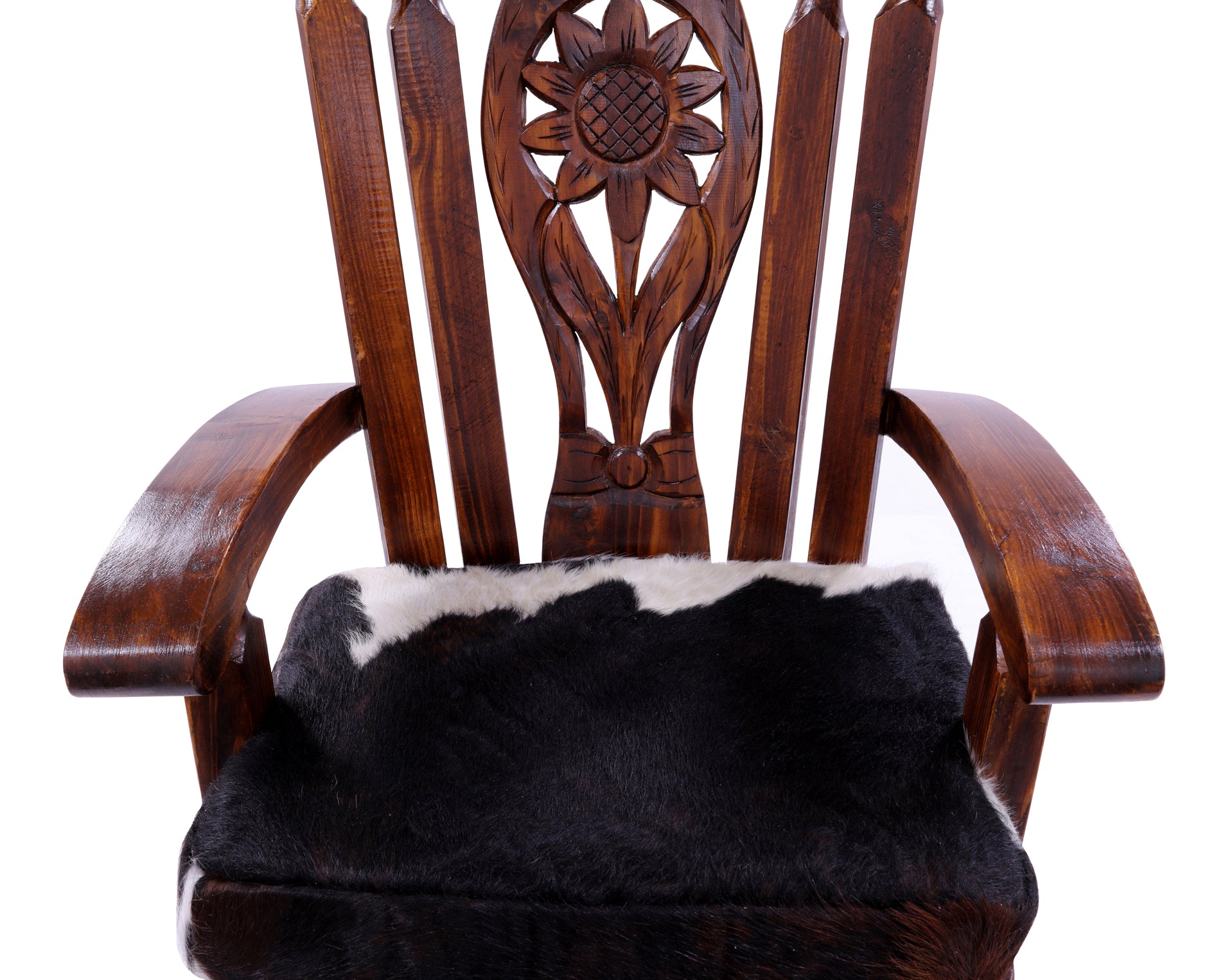 Reclaimed Wood Chair Handcarved Back Sunflower Removable Hair-On Cowhide Pillow - Golden Nile