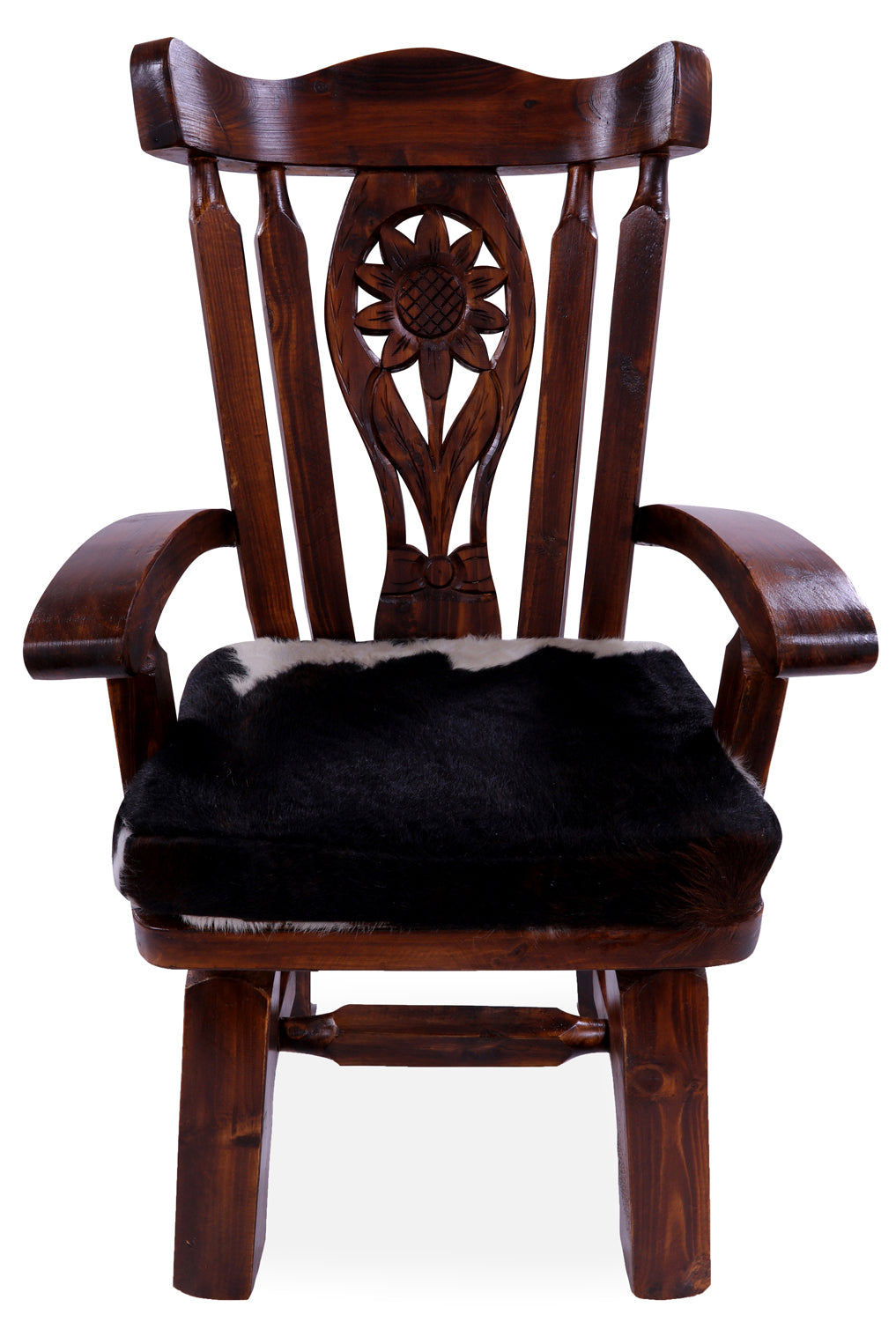 Reclaimed Wood Chair Handcarved Back Sunflower Removable Hair-On Cowhide Pillow - Golden Nile